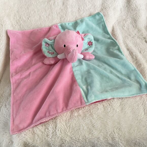 Okie Dokie Elephant Hugs 14” Lovey Rattle Pink Teal Security Blanket Baby Soft - Picture 3 of 6